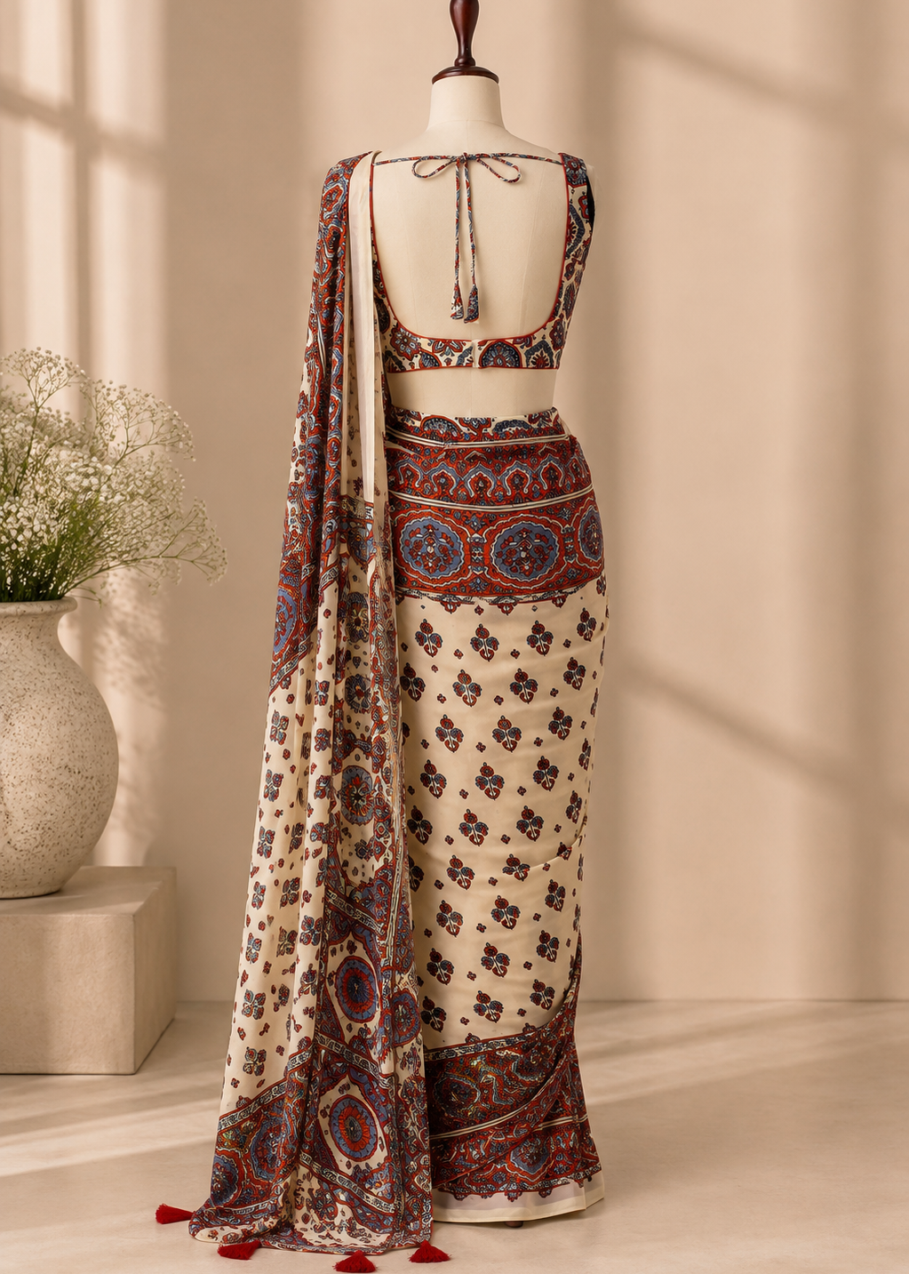 Ajrakh Saree Set - White