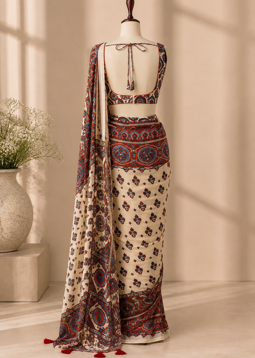 Ajrakh Saree Set - White
