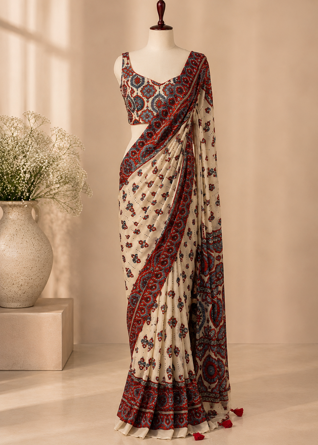 Ajrakh Saree Set - White