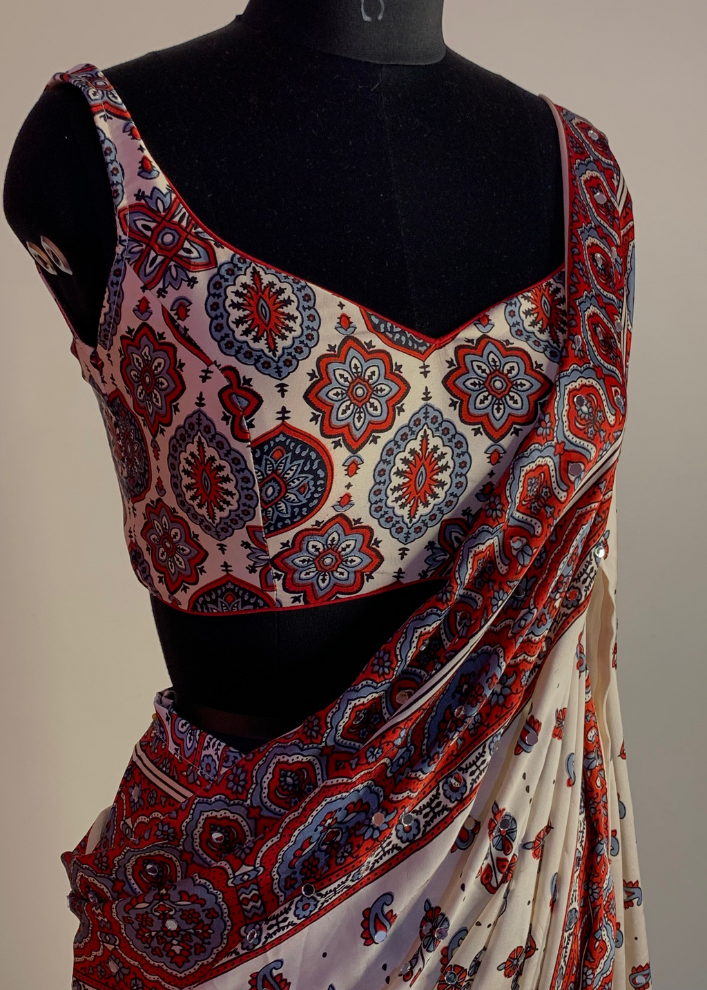 Ajrakh Saree Set - White